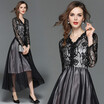 2018 Autumn See Through Mesh Patchwork Lace Dresses Hollow Out A-line Sundress Women Sexy Femme V-neck Dress