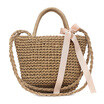 Fashion Women Ribbon Handbag Straw Weave Knitting Bucket Bag Summer Beach Holiday Totes Shoulder Bag