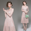 Women Sexy See Through Lace Dress High-End Ladies O-Neck stitching Runway Vintage Female Slim Party Dresses