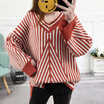 Lang Yue Women&39s 2017 autumn&winter new short paragraph pullovers sweater women&39s retro fashion loose V-neck vertical stripes sweater shirt LWYC179815 red one size