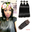 HCDIVA Brazilian Virgin Hair Straight 3 Bundles with Closure Free Part Straight Human Hair Bundle with Closure