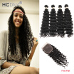 HCDIVA Deep Wave Human Hair 4 Bundles with Lace Closure Peruvian Virgin Hair Lace Closure with Hair Weft FreeMiddleThree Part