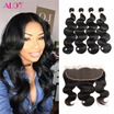 ALot Human Hair Brazilian Virgin Hair 4 Bundle Weave with Pre Plucked Lace Frontal Ear to Ear Brazilian Body Wave Natural Black