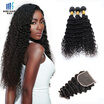 kisshair virgin Brazilian human hair extension deep wave nature black 3 bundles with closure
