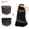ALot Hair Malaysian Straight Hair 3 bundles with Lace Frontal 134 100 Human Hair Bundles With Closure Frontal Natural Black