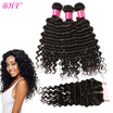 BHF hair vigin Peruvian Deep Wave Bundles With Silk Base Closure MiddleThreeFree Part