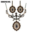 Vintage Turkish Bride Flower Jewelry Sets Women Resin Hook Dangle Earrings Lace Necklace Oval Pendant Antique Gold Color Bijoux
