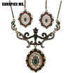 Vintage Turkish Bride Flower Jewelry Sets Women Resin Hook Dangle Earrings Lace Necklace Oval Pendant Antique Gold Color Bijoux