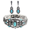 Ethnic Turkish Women Green Stone Earrings Bangle Cuff Jewelry Sets Antique Silver Color Hollow Flower Drop Earring Bracelet Sets