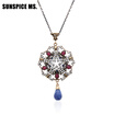 Full Crystal Turkish Women Round Necklaces Antique Resin Jewelry Water Drop Pendant Thin Chain Vintage Flower Wedding Bijoux
