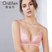 Ou Difen no steel ring bra 2018 spring&summer new thin section breathable hole cup gathered bra sexy lace underwear bra XB8217 clear purple 75B