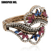 Fashion Turkish Women Hollow Flower Vintage Bangle Bracelets Antique Gold Color Resin Wide Cuff Jewelry Indian Wedding Bijoux