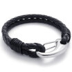 Hpolw Black Leather Mens Bracelet Stainless Steel Clasp Black Silver - 8" 85" 9"