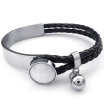 Hpolw Womens silver&black Stainless-Steel Leather Metal silver beads Braided Cuff BangleBracelet
