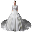 Satin Illusion Pearls 12 Sleeves Sash Hollow Jewel A Line Wedding Gown