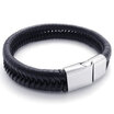 Hpolw Mens black Stainless SteelGenuine Leather Hand woven Spring buckle Bracelet