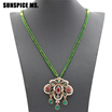 Vintage Turkish Women Seed Bead Flower Pendant Necklace Sets Antique Gold Color Resin Indian Ethnic Wedding Retro Strand Jewelry