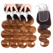 HCDIVA Pre-Colored Ombre Bundles With Closure Virgin Brazilian Body 4 Bundles With Closure T1B 30 Dark Roots Chestnut Brown Human