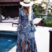 Womens Sexy V Neck Bohemian Floral Printed Dress High Split Long Maxi Dress Loose Beach Sundress