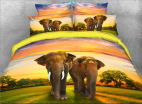 3D Elephants in the Grassland with Sunset Scenery Printed 4-Piece Bedding Sets