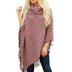 xsby Women Autumn High Collar Black&White Diagonal Stripes Tassel Cloak Shawl Sweater