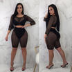 Womens Ladies Long Sleeve See Through Gauze 2Pcs Crop Top Shorts Set Jumpsuit