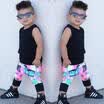 2Pcs Kids Baby Boys Solid Black Vest TopsHalf Printed Pants Outfits Set Clothes