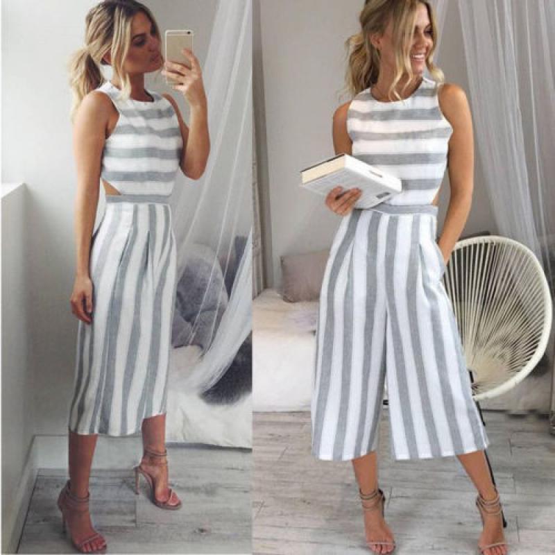 Summer Womens Strap Vertical Striped Jumpsuit Sleeveless Backless Long Jumpsuit