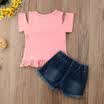 2PCS Baby Girls Kids Summer Clothes Pink T-shirtDenim Hot Shorts Outfits 1-6Y