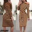 US STOCK Womens Long Sleeve Stripe Party Crew Neck Bandage Bodycon T-shirt Dress