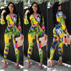 US STOCK Lady Long V-Neck Sleeve Floral Print Crop Top Pants Set Casual Jumpsuit