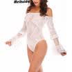 Womens Off Shoulder Lace Mesh Long Sleeve Bodysuit Leotard Jumpsuit Top