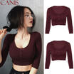 Hot Fashion Women Casual Long Sleeve O Neck Crop Top Plain Shirt Blouse T-shirt