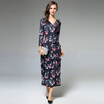 Retro V-Neck Long Sleeve Printed Long Dress