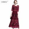 OIBEE otoño nueva moda femenina de color a juego bordado mangas de cinco puntos vestido largo swing vestido largo falda