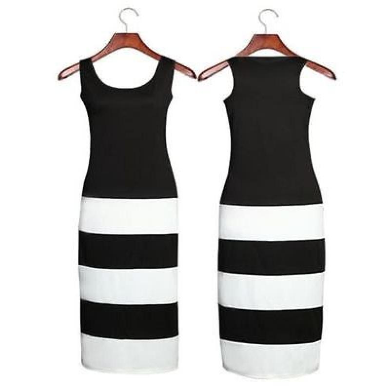New Sexy Womens Black White Stripe Block Panel Maxi Bodycon Long Dress