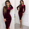 UK Womens Long Sleeve Velvet Stretch Midi Dress Evening Cocktail Party Dresses