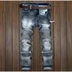 Mens Boy Slim Skinny Runway Straight Elastic Denim Pants Destroyed Ripped Jeans