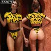 Women Leopard Short Sleeve Paded Bra Crop Top Tee Bottom Thong 2pcs Jumpsuit