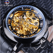 Forsining Royal Flower tallado engranaje oro calado negro cuero genuino para hombre reloj mecánico de primeras marcas de lujo reloj masculino