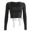 Sexy Women Bandage Crop Top Ladies Long Sleeve Plain Short Stretch Black T Shirt