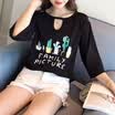 VIVAHEART Korean casual loose hollow print T-shirt T-shirt female Korean version of the round neck coat VWTD173132 black M