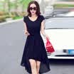 Sylenian summer skirt short-sleeved V-neck waist Korean solid color temperament dress in the long section S61Q0015A10M black M