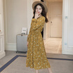 Longyue Women Floral Chiffon Long Sleeve Dress Butterfly Tie With Slim Slim Long Skirt LWQZ172117 Yellow L