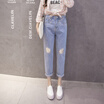 Long Yue Women&39s High Waist Jeans Embroidered Flowers Harlan Pants Crimping Pants LWKN173308 Light Blue L