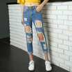 KuoyiHouse 2008 2017 spring&summer new net socks jeans holes female loose 9 points pants was thin beggars pants casual nine points pants blue M