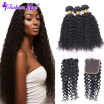 Fashion Plus Hair Kinky Curly Lace Closure with Bundles Brazilian Virgin Hair With Closure Human Hair Weave 3Bundles With Closure