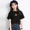 City plus CITYPLUS art Fan high waist exposed umbilical round neck short loose short bottomed shirt short sleeve T shirt CWTD174166 black L