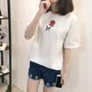 VIVAHEART Korean casual fashion rose print T-shirt round neck short sleeve jacket female VWTD174132 black M