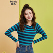 Semir Knitwear Female 2017 Fall Slim Shiny Sweet Striped Stretch Stretch 12316010201 Blue&Green Tone L